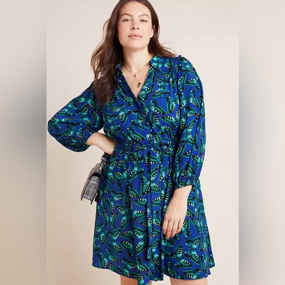 Anthropologie Maeve Blue Green Butterfly Pippa Button Up Shirt Dress sz XS - Picture 5 of 14